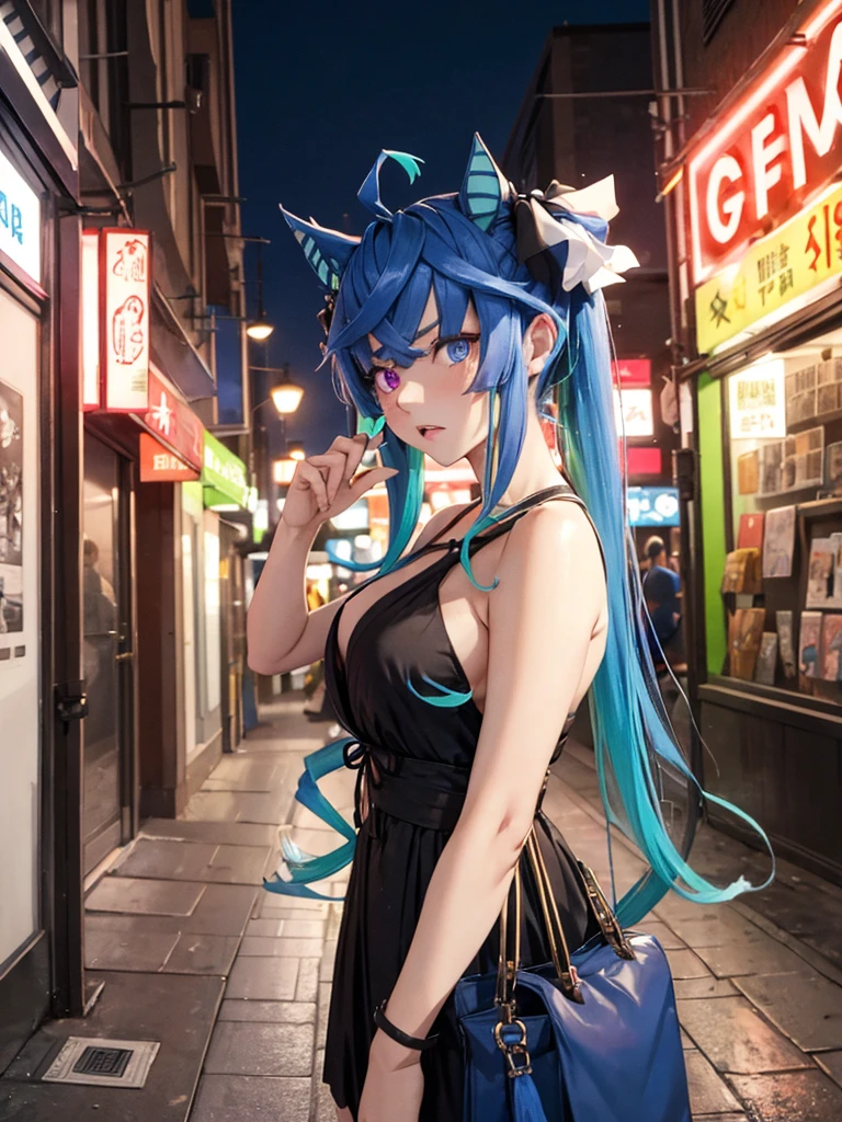 (masterpiece、top-quality、hight resolution), A scene captures a courtesan attempting to solicit a customer but being rejected. She stands on the street, dressed provocatively, watching the back of the departing customer. Her expression is one of frustration and anger as she mutters curses under her breath. The background features a bustling street with dim lighting and neon signs, emphasizing the gritty urban environment. Twin_Turbo_Umamusume, aqua hair, twintails, heterochromia, purple eyes, blue eyes, sharp teeth, flat chest, hores tails, nsfw