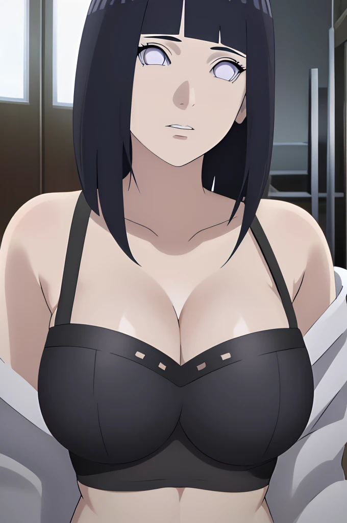 masterpiece, (intricate details), (colorful),cinematic lighting,extremely detailed CG unity 8k wallpaper ,hinata\(boruto\), 1girl,solo, large breasts, (hinata, hyuuga hinata, purple eyes, blunt bangs, black hair) big breasts, perfect breasts, large breasts, round breasts, sexy body, black bra, cleavage, bare shoulders, collarbone, underboob, plain background, close up shot, portrait, upper body shot, headshot, white backdrop, perfect eyes, glowing eyes, beautiful eyes, black background, simple background, no background , 