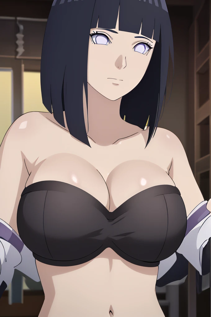 masterpiece, (intricate details), (colorful),cinematic lighting,extremely detailed CG unity 8k wallpaper ,hinata\(boruto\), 1girl,solo, large breasts, (hinata, hyuuga hinata, purple eyes, blunt bangs, black hair) big breasts, perfect breasts, large breasts, round breasts, sexy body, black bra, cleavage, bare shoulders, collarbone, underboob, plain background, close up shot, portrait, upper body shot, headshot, white backdrop, perfect eyes, glowing eyes, beautiful eyes, black background, simple background, no background ,