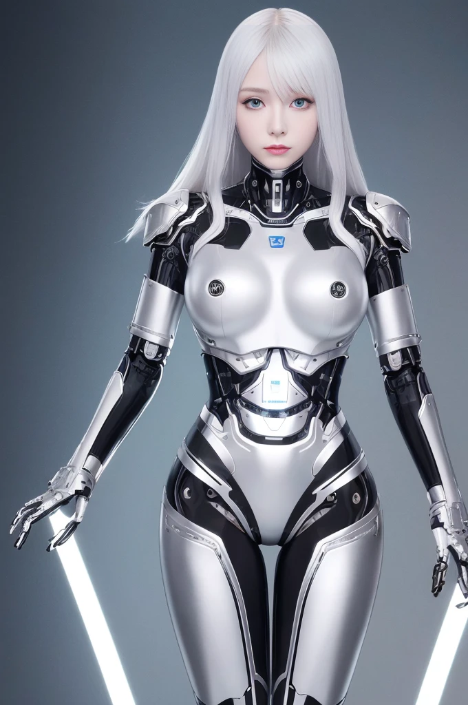 female robot, skin part is only face, silver metal skin, full metal robot body, mechanical parts, electronic wire, cum in pussy, high quality, medium breasts, long hair, tall, thigh gap, full body metal skin, wet, cum in pussy, metallic tits, separated breast, under repair, anatomical body