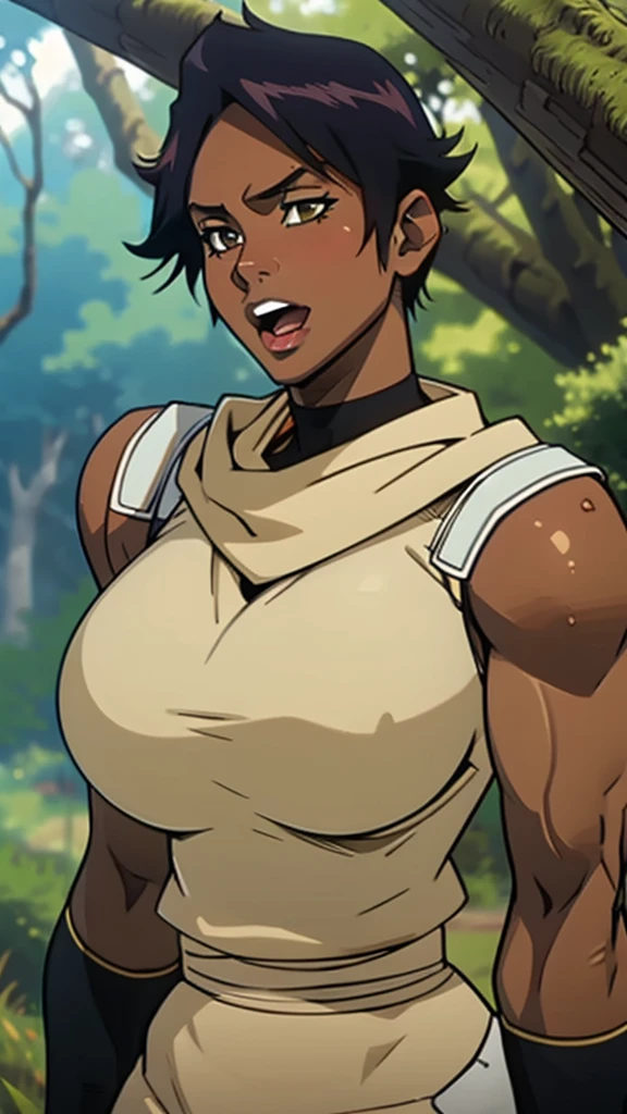 Solo, female, open mouth, thick lips, big lips, tan skin, tomboy, athletic, short hair, forest, roughspun tunic, gigantic big breasts, broad shoulders, biceps, very strong