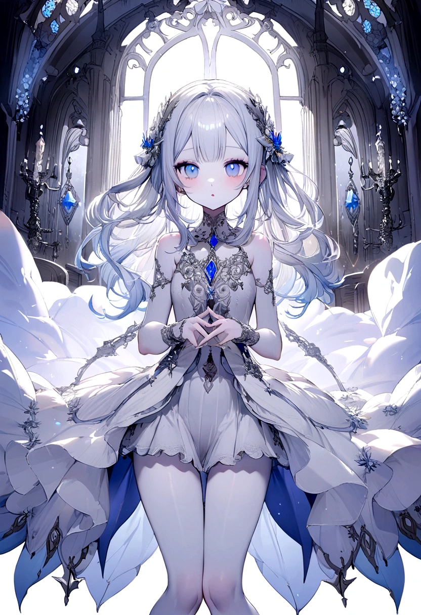 Clear white short hair,The tips of the hair are,Wearing milky super light blue ,Light blue eyes,Very cute sweet girl,Beautiful fingers,Pale skin,