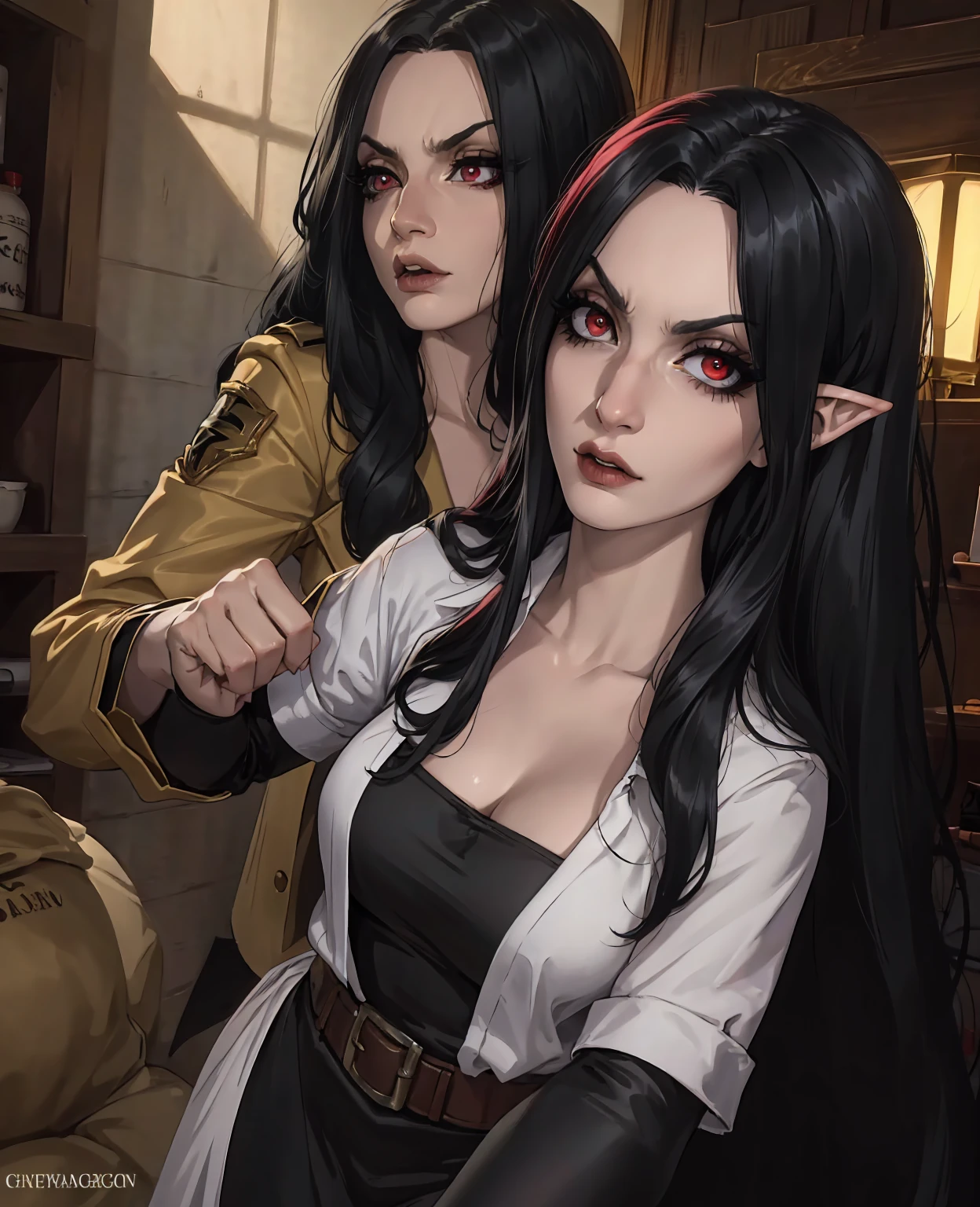 a devilish woman with long black hair,pale skin,red eyes,pointed ears,wearing an intricate elf-like costume,in a dark mysterious fantasy forest,moonlight,glowing mushrooms,(best quality,4k,8k,highres,masterpiece:1.2),ultra-detailed,(realistic,photorealistic,photo-realistic:1.37),dark fantasy,horror,chiaroscuro lighting,dramatic atmosphere