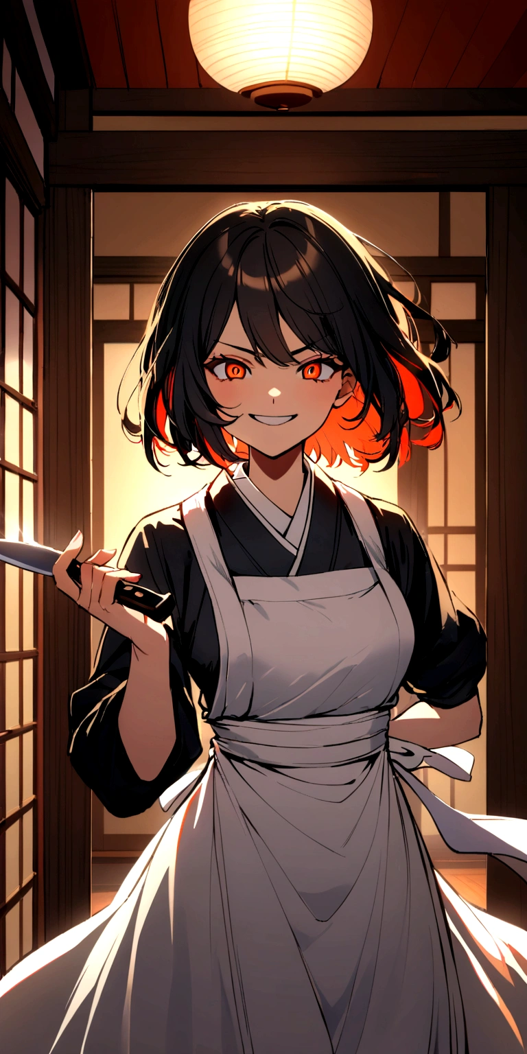 A woman wearing a white apron holding a knife with a manic smile. Short black hair inside a Japanese style house. Brave eyes, the knife in his right hand and the other hand behind his back. 
