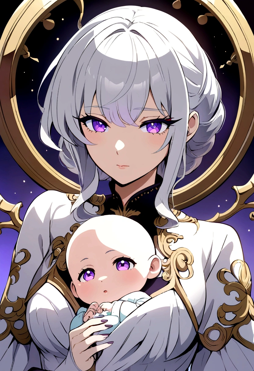 anime style ,purple eyes and silver hair (tender baby )