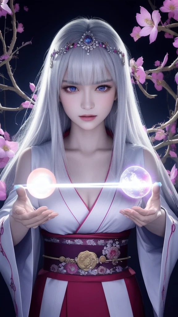 (masterpiece, top quality, 1 female, solo, exquisite details, chromatic aberration), (realistic), (skin), ((breath)), (silver hair, blunt bangs, long straight hair, trimmed bangs), exquisite hair, red Japanese style headdress, blue highlights, hair over one eye, purple eyes, earrings, piercing eyes, ((pink and white kimono)), ((symmetrical eyes)), ((perfectly symmetrical body)), ((perfectly symmetrical hands)), (pureerosface_v1:0.3), night, (((natural light))), backlit, grey wall, dim lighting, facing towards viewer, ((central shot, from the front, (face and waist))), mystical atmosphere, fortune teller in kimono, beautiful fortune teller, fortune teller, dark fantasy female fortune teller, female fortune teller, fantasy photography, magician, witch fairy tale, Japanese style, elegant cinematic fantasy Art, fantasy woman, portrait of magician, casting spells, fortune teller, not very sexy kimono