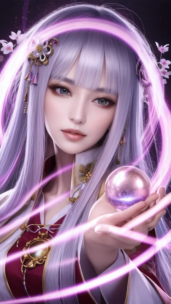 (masterpiece, top quality, 1 female, solo, exquisite details, chromatic aberration), (realistic), (skin), ((breathing)), (silver hair, blunt bangs, cropped straight long hair, short bangs, silver hair), beautiful hair, red headdress, highlights, hair on one eye, beautiful eyes, purple eyes, thick lips, earrings, piercing eyes, ((gold and white kimono)), ((symmetrical eyes)), ((perfectly symmetrical body)), ((perfectly symmetrical hands)), (purerosface_v1:0.3), full moon night, ((self, natural light))), bright lighting, flowers blooming in background, in front of viewer, ((central shot, from the front, (face and shoulders))), mysterious atmosphere, colorful flowers blooming around, bright colored background, shrine maiden in kimono, beautiful shrine maiden, Shrine maiden, fantasy female shrine maiden, female fortune telling shrine maiden, fantasy photography, Japanese style, elegant cinematic fantasy art, fantasy woman, sorceress portrait, powerful wizard surrounded by mystical colorful flowers, holding a glowing heart crystal ball, eyes glowing with mystical energy, spells leaking from her mouth, vibrant sorcery vortexes pulsating with rainbow hues appear in the air, magic permeates, flowers bloom, sacred creatures gaze in awe, threads of magical energy dance, reveal hidden realms, unravel secrets, capture the essence of this enchanting moment and bring to life the mystical power of sorcery on a canvas of the highest quality and finest detail. Top quality, masterpiece, ultra high resolution, (photorealistic: 1.4), RAW photo, sharp focus, high resolution, detailed skin.
Flowers blooming all around, bright colored background, fortune teller in kimono, beautiful fortune teller, fortune teller, fantasy female fortune teller, female fortune teller, fantasy photography, Japanese style, fortune teller in kimono, elegant cinematic fantasy art, fantasy woman, magician portrait, fortune teller, powerful wizard surrounded by mystical colorful flowers, holding a glowing heart c
