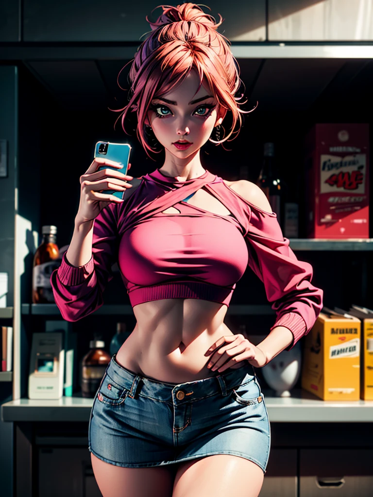 "Beautiful and alluring mature woman with an impeccable face, showcasing her seductive charm in a tight pink long-sleeved crop top and a short denim miniskirt, emphasizing her wide hips. She playfully holds a phone up high, teasing the viewer." sultry look, seductive,
