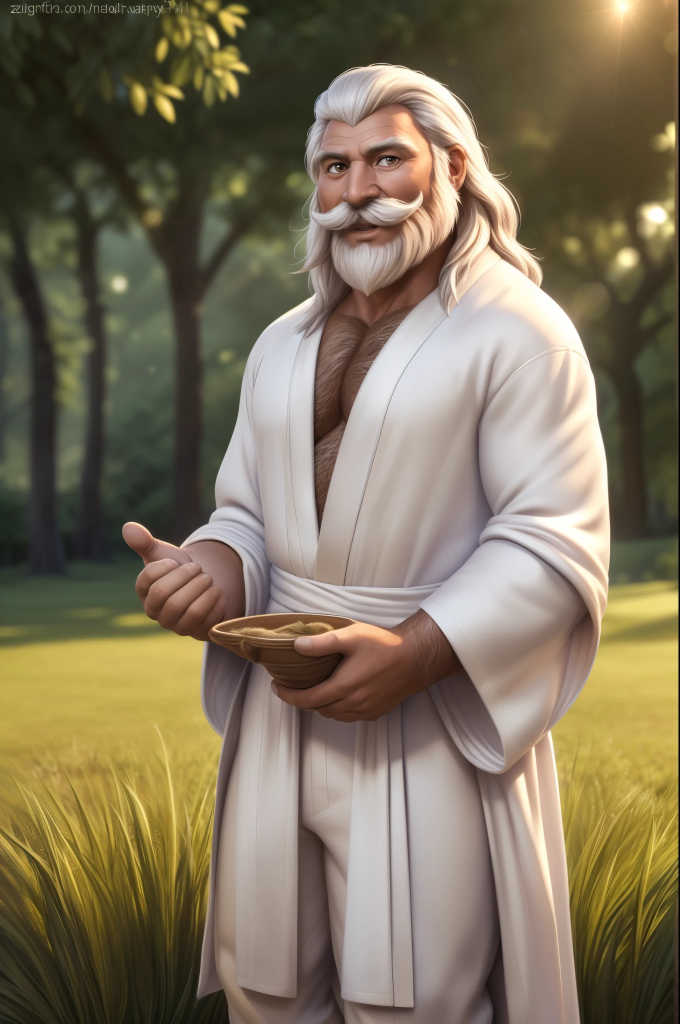 Gandalf, (pose:Full Body Shot), (posing:Full Body Shot), (soft shading), (((4k, hi res, Ray tracing))), (((five fingers, detailed hands))), ((detailed face, (detailed eyes:1.0), detailed)), by zackarry911, by zaush, (by personalami:0.5), looking at viewer, (((happy,flirting eyes))), (((old and wise))), (((Highly detailed hair))), standing,(((standing))),((( Mustache,beard))) ,male focus, white hair, (((handsome))), nature, // ((human)),(((white Robe,white shirt, brown longpant, brown boot))),((Human, looking at viewer)),((grassy field background, lens blur, lens flare)),
