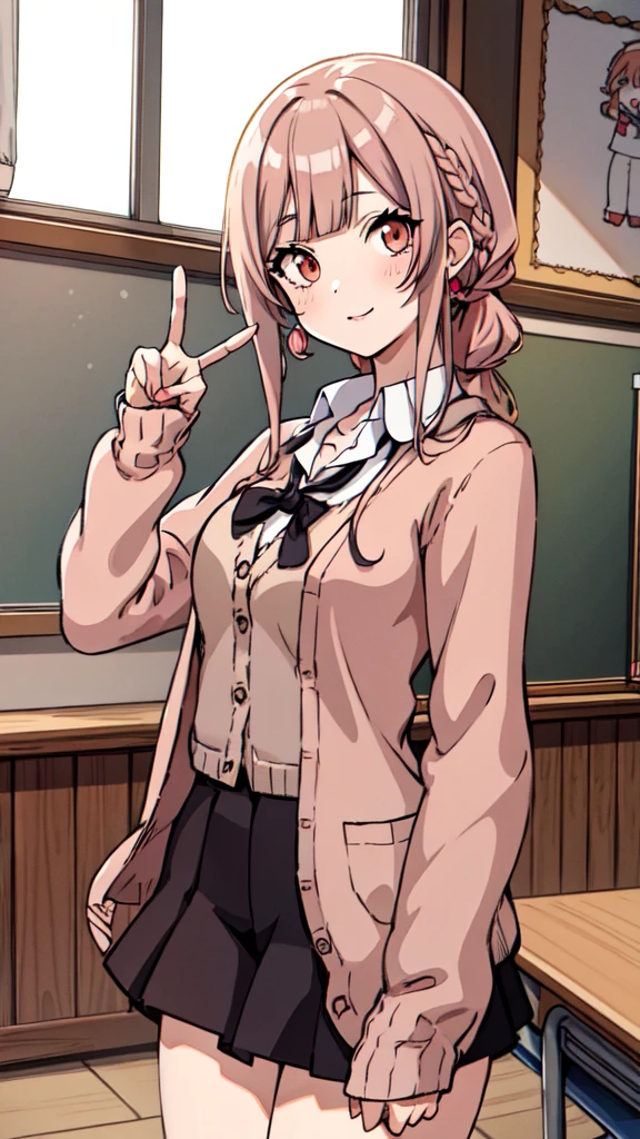 (((anime))), ((anime)), (Gal), Medium Hair, (Braid:1.3), (Blunt bangs:1.2),Two-tone hair, Blonde, (Pink Hair), Round face, Red eyes, (Droopy eyes), (((puppet))),Pink Lip,Earrings,necklace,[Dark Skin], A light smile, ((((cute)))), beautiful, 1 Girl, alone, (cardigan:1.4), [Cleavage cutout],peace sign,beautiful background,(classroom:1.5),evening,sunlight,Backlight,masterpiece,Highest quality,Exquisite,8K,Absurd,Ultra-fine illustrations,(View your viewers)