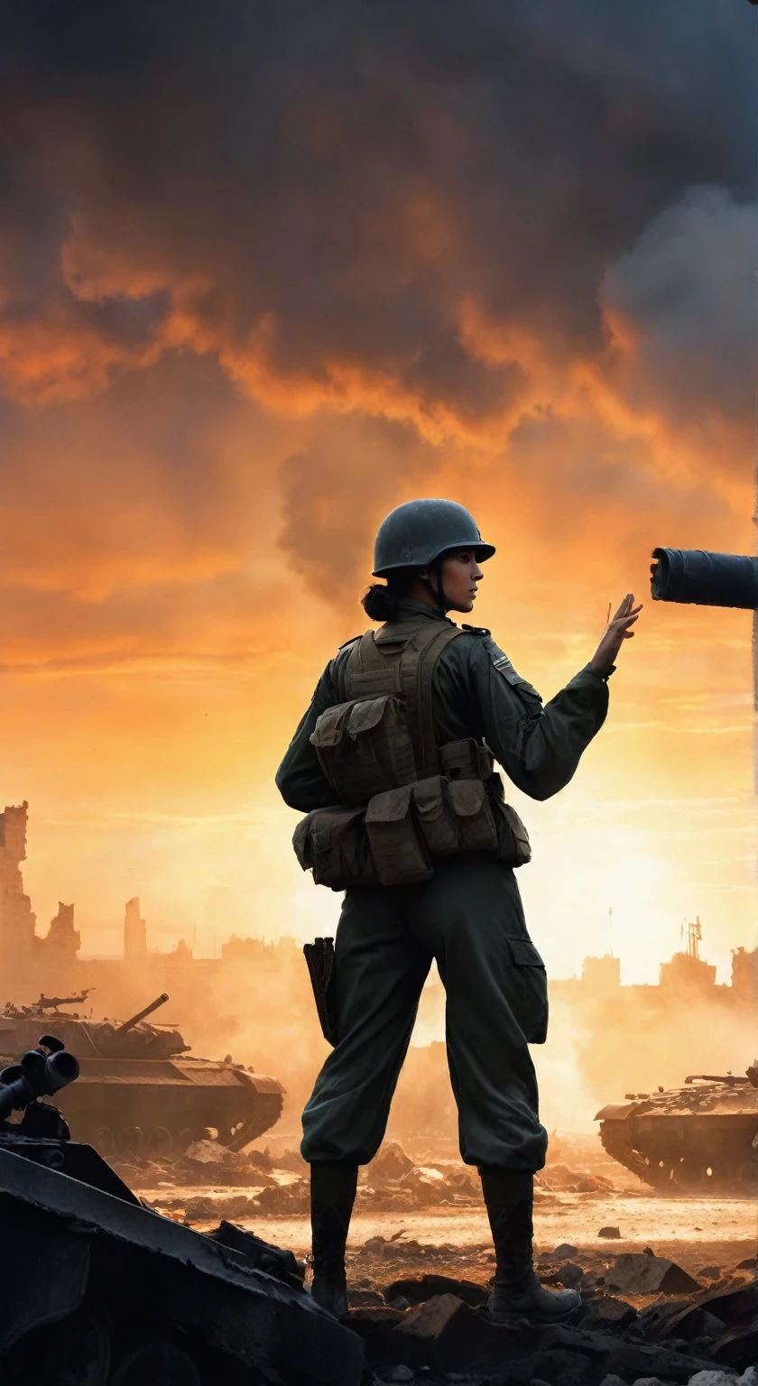 (A female soldier raised her hand to touch something,Background is the ruins of the city,Under the sunset:1.5)painting masterpiece, Extremely detailed, Black White Dark Steel Dark Blue Black Light Brown Dark Brown White Light Orange Dark Red Dark Green, Dramatic Lighting, evening, High contrast, steam, FOG, Israeli soldiers fighting with tanks on the battlefield, Movie Lighting, Aspect ratio of 16:9, steam, 4K, professional ominous Concept Art, author:artgerm and greg rutkowski, complex, elegant, Highly detailed digital painting, Concept Art, Smooth, Clear focus, illustration, Simon Starenhagen's style, Wayne Barlow, 和 igor kieryluk., Acrylic painting, Popular in pixiv Fan Box, Palette knife and brush strokes, Makoto Shinkai's styleJamie WiseJames GirardEdward HopperGreg RutkowskiStudio GhibliGenshin Impact