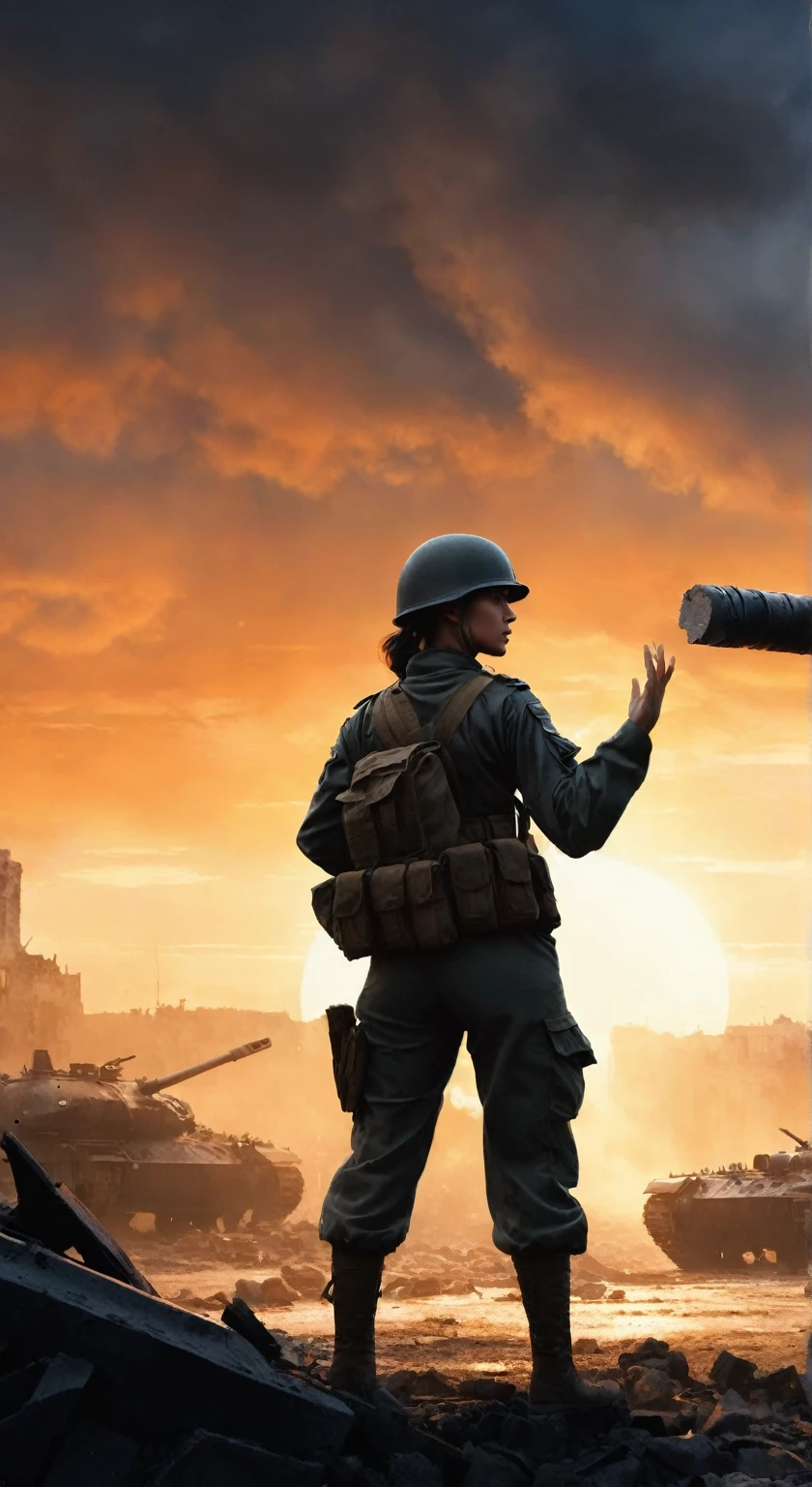 （A female soldier raised her hand to touch something，Background is the ruins of the city，Under the sunset：1.5）painting masterpiece, Extremely detailed, Black White Dark Steel Dark Blue Black Light Brown Dark Brown White Light Orange Dark Red Dark Green, Dramatic Lighting, evening, High contrast, steam, FOG, Israeli soldiers fighting with tanks on the battlefield, Movie Lighting, Aspect ratio of 16:9, steam, 4K, professional ominous Concept Art, author：artgerm and greg rutkowski, complex, elegant, Highly detailed digital painting, Concept Art, Smooth, Clear focus, illustration, Simon Starenhagen&#39;s style, Wayne Barlow, 和 igor kieryluk., Acrylic painting, Popular in pixiv Fan Box, Palette knife and brush strokes, Makoto Shinkai&#39;s styleJamie WiseJames GirardEdward HopperGreg RutkowskiStudio GhibliGenshin Impact