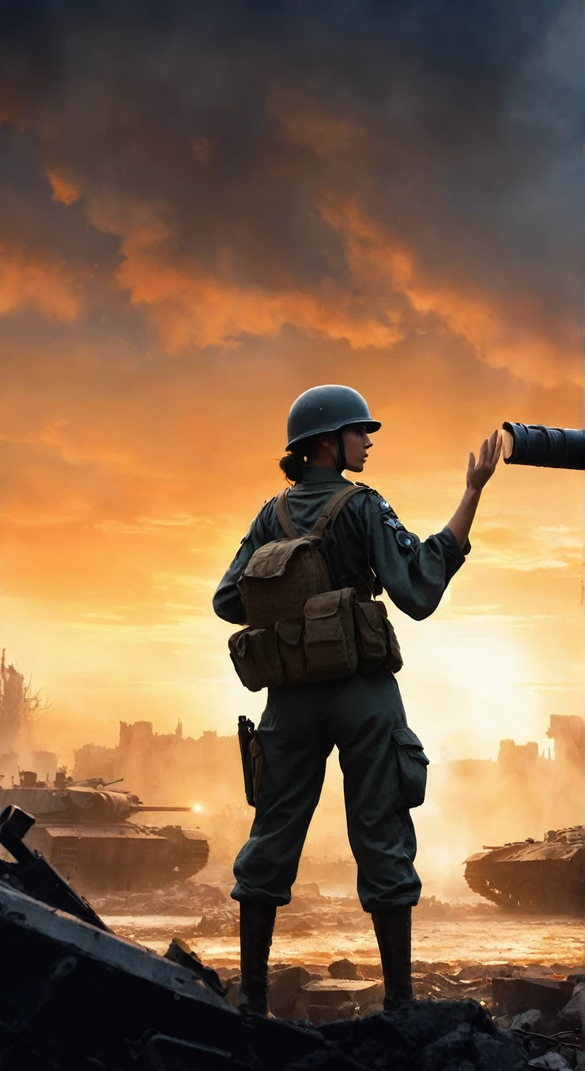 （A female soldier raised her hand to touch something，Background is the ruins of the city，Under the sunset：1.5）painting masterpiece, Extremely detailed, Black White Dark Steel Dark Blue Black Light Brown Dark Brown White Light Orange Dark Red Dark Green, Dramatic Lighting, evening, High contrast, steam, FOG, Israeli soldiers fighting with tanks on the battlefield, Movie Lighting, Aspect ratio of 16:9, steam, 4K, professional ominous Concept Art, author：artgerm and greg rutkowski, complex, elegant, Highly detailed digital painting, Concept Art, Smooth, Clear focus, illustration, Simon Starenhagen&#39;s style, Wayne Barlow, 和 igor kieryluk., Acrylic painting, Popular in pixiv Fan Box, Palette knife and brush strokes, Makoto Shinkai&#39;s styleJamie WiseJames GirardEdward HopperGreg RutkowskiStudio GhibliGenshin Impact