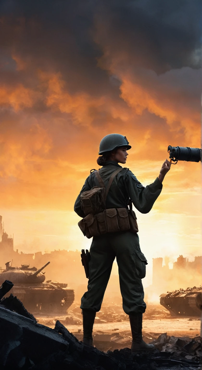 (A female soldier raised her hand to touch something,Background is the ruins of the city,Under the sunset:1.5)painting masterpiece, Extremely detailed, Black White Dark Steel Dark Blue Black Light Brown Dark Brown White Light Orange Dark Red Dark Green, Dramatic Lighting, evening, High contrast, steam, FOG, Israeli soldiers fighting with tanks on the battlefield, Movie Lighting, Aspect ratio of 16:9, steam, 4K, professional ominous Concept Art, author:artgerm and greg rutkowski, complex, elegant, Highly detailed digital painting, Concept Art, Smooth, Clear focus, illustration, Simon Starenhagen's style, Wayne Barlow, 和 igor kieryluk., Acrylic painting, Popular in pixiv Fan Box, Palette knife and brush strokes, Makoto Shinkai's styleJamie WiseJames GirardEdward HopperGreg RutkowskiStudio GhibliGenshin Impact