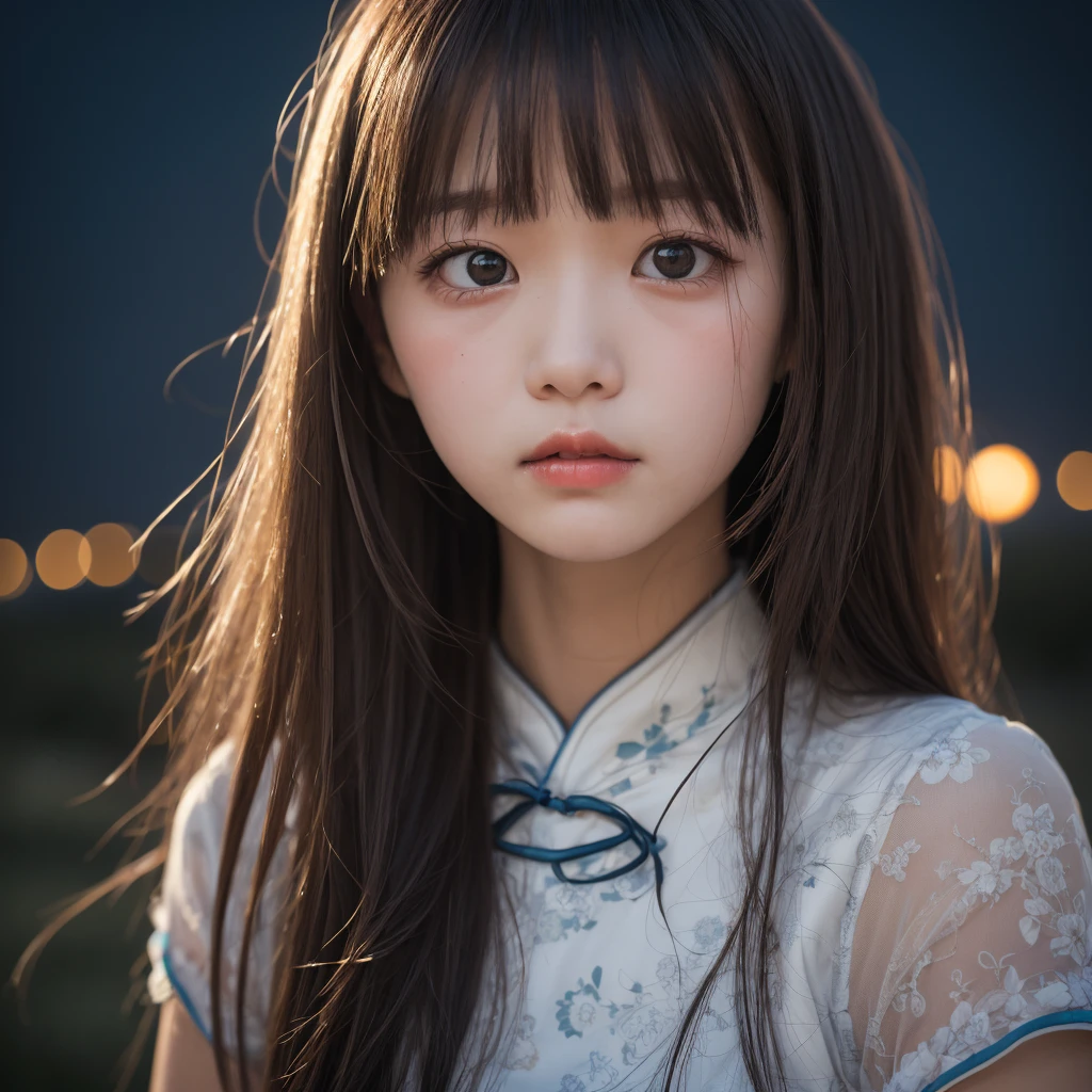 masutepiece, Best Quality, 8K, 10yaers old, , Raw photo, absurderes, award winning portrait , Solo, (Night:1.8), Idol face, violaceaess, Delicate girl, Upper body, Digital SLR, Looking at Viewer, Candid, Sophisticated,Thin arms, Professional Lighting, Film grain, chromatic abberation, (Eyes and faces with detailed:1.0), (Bokeh:1.0) , (qipao dress:1.1) , closes mouth , A face tinged with melancholy