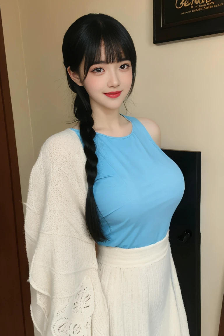 best quality, tmasterpiece,Ultra-high resolution,Clear face,(Reality:1.4),ferpect lighting,(full body), (photorealistic:1.50), anime wallpaper, Guviz style artwork, cover-up fantasy up to magic , by Yang J, Guviz, beautiful artwork illustration, beautiful digital artwork, beautiful digital illustration, Li Song, beautiful anime portrait, art style in Beauvot, 1girl, 独奏, bangs, One braid hair, black hair, Blush, red cheeks, blue eyes, Double eyelids, Long sleeve white t-shirt, Bare shoulders, super Giant breast:1.5, shagging breasts:1.3, Short pencil skirt, standing, room, Background inside the house, looking at viwer, smile,