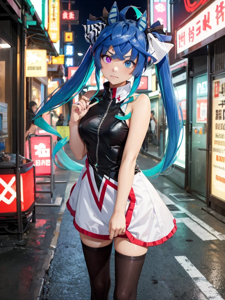 (​masterpiece、top-quality、hight resolution), A scene captures a courtesan attempting to solicit a customer but being rejected. She stands on the street, dressed provocatively, watching the back of the departing customer. Her expression is one of frustration and anger as she mutters curses under her breath. The background features a bustling street with dim lighting and neon signs, emphasizing the gritty urban environment. Twin_Turbo_Umamusume, aqua hair, twintails, heterochromia, purple eyes, blue eyes, sharp teeth, flat chest, hores tails, nsfw