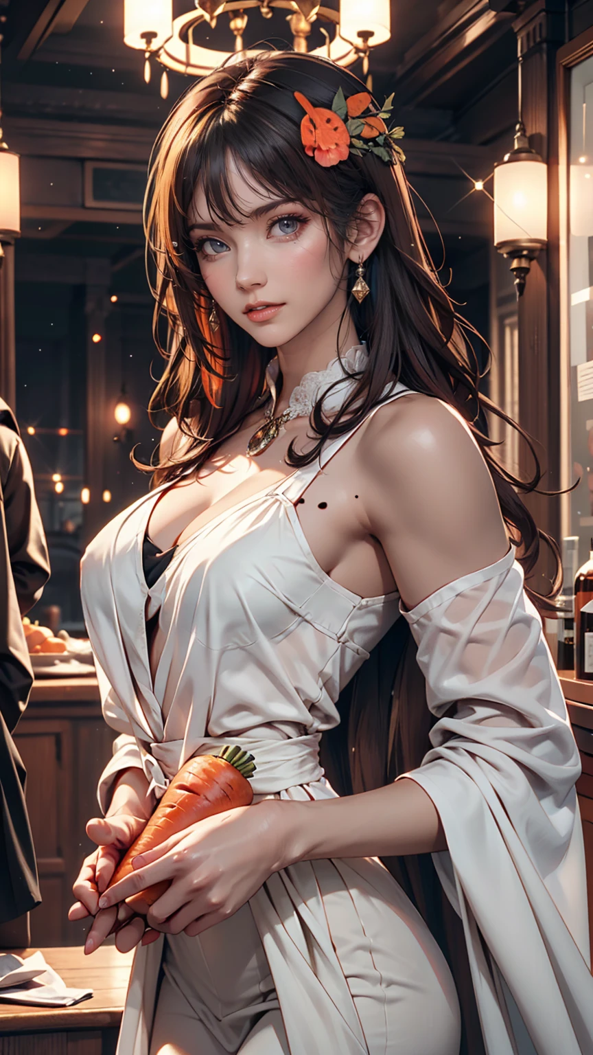 Lunch on the roof of a skyscraper、dining、cyber punk、Night view、Neon Light、Metropolis、Highest quality、masterpiece、Ultra high definition、Wear a long off-the-shoulder dress、Cleavage Emphasis、Sexy proportions、??????、adult、Long eyelashes、