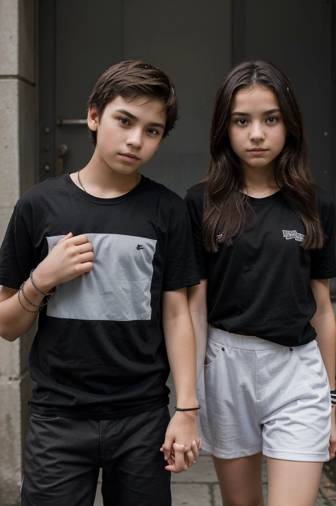 an 11-year-old ager and a 14-ynager, both ing hands and with a shiny silver aluminum bracelet on their arms, holding hands and wearing a black t-shirt. arm should be well against the other arm.