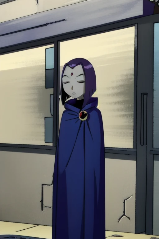 raven, 1girl, solo, closed eyes, purple hair, short hair, colored skin, forehead jewel, blue cape, blue cloak, best quality, masterpiece,