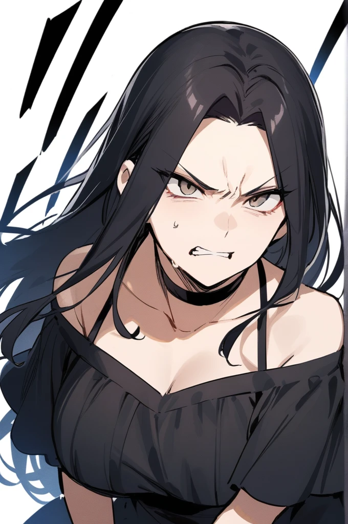 A woman with long black hair, wearing an off-the-shoulder dress, has a fierce face, and is a middle-aged woman.