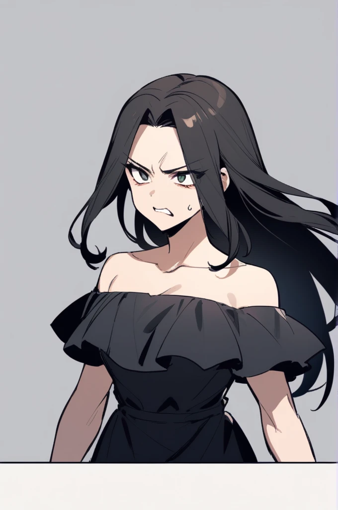 A woman with long black hair, wearing an off-the-shoulder dress, has a fierce face, and is a middle-aged woman.