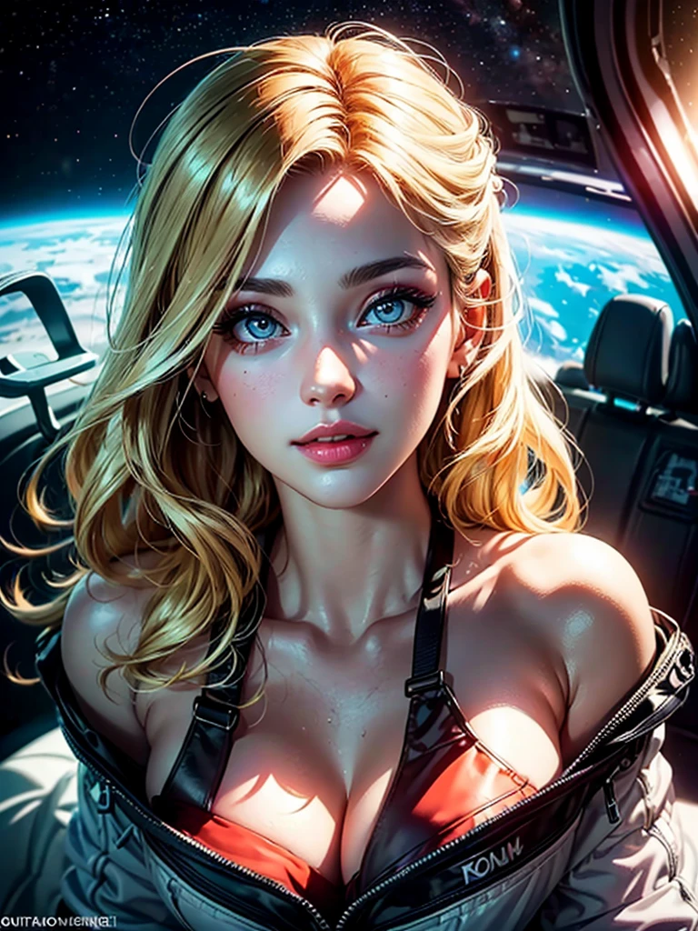 1girl,a beautiful fashion model ,(masterpiece, detailed background, best quality), shiny shoulder length hair, light blonde hair with blonde highlights dark roots, ,smirk,juicy lips, full lips, calmart, lingerie, stripping, elegant makeup, sci fi environment,(space cruise)