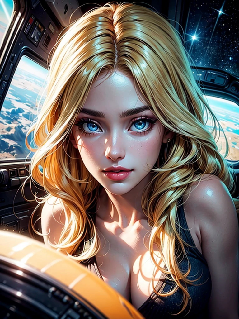 1girl,a beautiful fashion model ,(masterpiece, detailed background, best quality), shiny shoulder length hair, light blonde hair with blonde highlights dark roots, ,smirk,juicy lips, full lips, calmart, lingerie, stripping, elegant makeup, sci fi environment,(space cruise), (space cowboy)