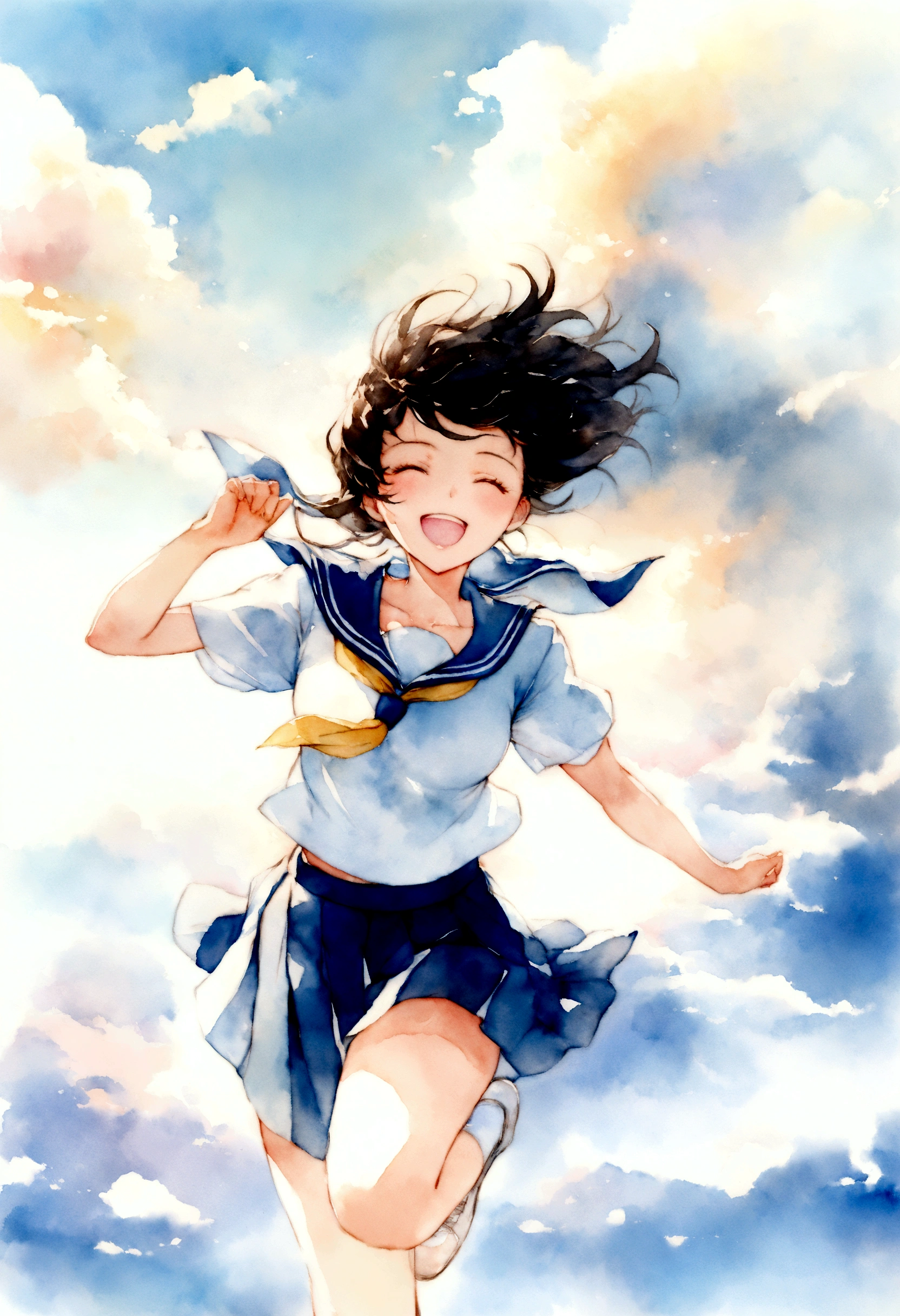 Vast blue sky,watercolor,Very detailed, delicate and dynamic,A big smile,Super quality, 16k,Student bag,Black Hair,A high school girl runs through the blue sky,白いcloud,running,Sailor suit,uniform,youth,,Blue sky,cloud, Wind-effect, background,Summer Course,A little bit pop