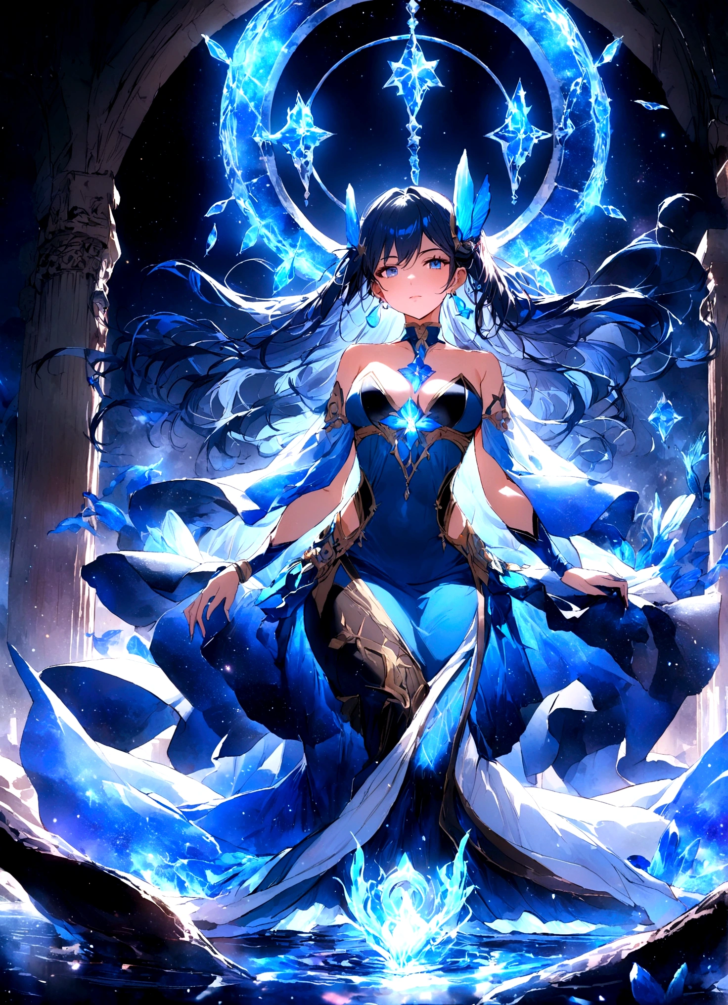 A masterpiece of excellent quality,Beautiful woman in exquisite clothing, Majestic goddess,Mermaid,(((Two blue fishes surround))),Greek goddess,Pisces,Stars,Surrounded by floating rings,(Blue Energy), Galaxy Elements,celestial ambiance, Dark blue hair, mystery