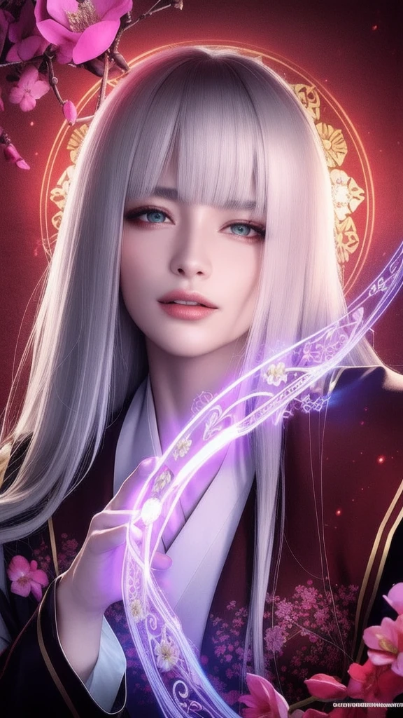 (masterpiece, top quality, 1 female, solo, exquisite details, chromatic aberration), (realistic), (skin), ((breathing)), (silver hair, blunt bangs, cropped straight long hair, short bangs, silver hair), beautiful hair, red headdress, highlights, hair on one eye, beautiful eyes, purple eyes, thick lips, earrings, piercing eyes, ((gold and white kimono)), ((symmetrical eyes)), ((perfectly symmetrical body)), ((perfectly symmetrical hands)), (purerosface_v1:0.3), full moon night, ((self, natural light))), bright lighting, flowers blooming in background, in front of viewer, ((central shot, from the front, (face and shoulders))), mysterious atmosphere, colorful flowers blooming around, bright colored background, shrine maiden in kimono, beautiful shrine maiden, Shrine maiden, fantasy female shrine maiden, female fortune telling shrine maiden, fantasy photography, Japanese style, elegant cinematic fantasy art, fantasy woman, sorceress portrait, powerful wizard surrounded by mystical colorful flowers, holding a glowing heart crystal ball, eyes glowing with mystical energy, spells leaking from her mouth, vibrant sorcery vortexes pulsating with rainbow hues appear in the air, magic permeates, flowers bloom, sacred creatures gaze in awe, threads of magical energy dance, reveal hidden realms, unravel secrets, capture the essence of this enchanting moment and bring to life the mystical power of sorcery on a canvas of the highest quality and finest detail. Top quality, masterpiece, ultra high resolution, (photorealistic: 1.4), RAW photo, sharp focus, high resolution, detailed skin.
Flowers blooming all around, bright colored background, fortune teller in kimono, beautiful fortune teller, fortune teller, fantasy female fortune teller, female fortune teller, fantasy photography, Japanese style, fortune teller in kimono, elegant cinematic fantasy art, fantasy woman, magician portrait, fortune teller, powerful wizard surrounded by mystical colorful flowers, holding a glowing heart c