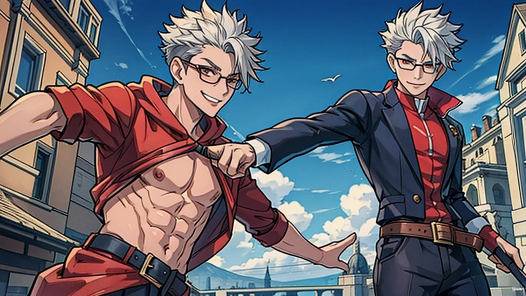 Perfect anatomy and highly detailed face, Delicate depiction of the eyes, Accurate drawing, Beautiful Hair, Detailed Background, Edgy, Depiction of a single male human in combat, The subject is only one man in his late 20s., Red hoodie and black pants, Warm, loose-fitting clothing, , A casual fashion style where you wrap your jacket around your waist, Tanned or deep brown skin, Her distinctive white or silver hair is tied in a short ponytail., He wears his distinctive trademark thick black-rimmed glasses., Modest earrings, Mafia with a cynical smile, A Villain with a Very Deep Wound, A sarcastic man with a malicious smile, A young man with narrowed eyes smiling, I have inner loneliness, Deep down, I feel like life is hard, Jealousy and envy towards successful people, The insight and resignation that come from hard work and failure, Perverse Desperation, Sword in a sheath, A mercenary with a scimitar on his belt, Wielder of a sheathed sabre, The scene of a large-scale indiscriminate terrorist attack, Burning and collapsing building,