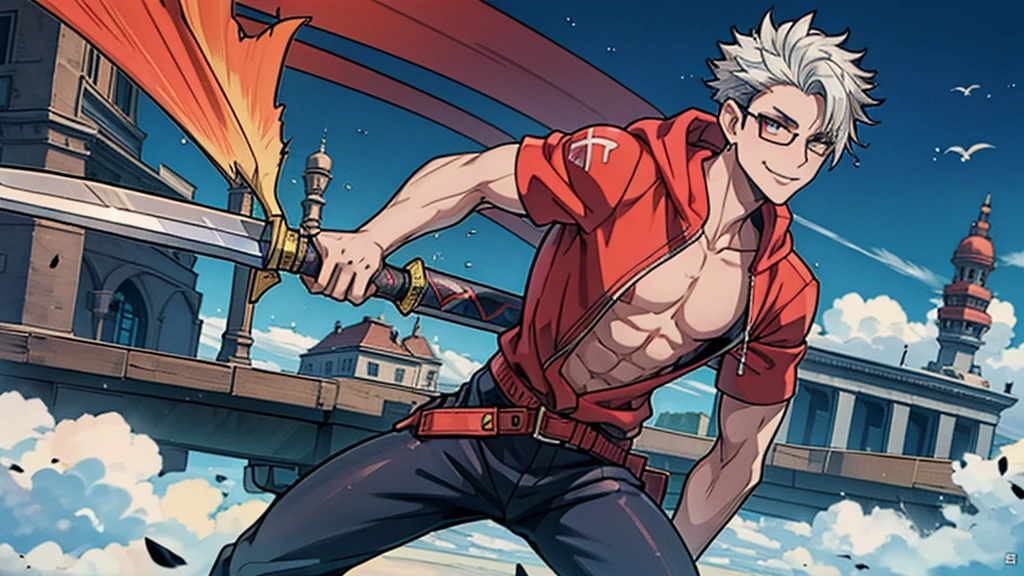 Perfect anatomy and highly detailed face, Delicate depiction of the eyes, Accurate drawing, Beautiful Hair, Detailed Background, Edgy, Depiction of a single male human in combat, The subject is only one man in his late 20s., Red hoodie and black pants, Warm, loose-fitting clothing, , A casual fashion style where you wrap your jacket around your waist, Tanned or deep brown skin, Her distinctive white or silver hair is tied in a short ponytail., He wears his distinctive trademark thick black-rimmed glasses., Modest earrings, Mafia with a cynical smile, A Villain with a Very Deep Wound, A sarcastic man with a malicious smile, A young man with narrowed eyes smiling, I have inner loneliness, Deep down, I feel like life is hard, Jealousy and envy towards successful people, The insight and resignation that come from hard work and failure, Perverse Desperation, Sword in a sheath, A mercenary with a scimitar on his belt, Wielder of a sheathed sabre, The scene of a large-scale indiscriminate terrorist attack, Burning and collapsing building,