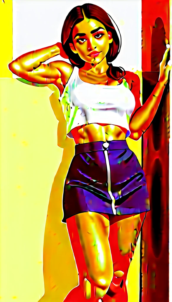 score_9, score_8_up, score_7_up, BREAK, (outdoor, summer day:1.2), head tilt back, leaning against wall, leg bend, cute, round face, long black twintail hair, alternative vibe, 25 year old, (Italian female:1.3), medium olive skin, high cheekbones, stunning brown eyes, extra large breasts, subtle cleavage, (cozy lounge), oversized white crop top, mini skirt, dynamic angle, vibrant lighting, high contrast, dramatic shadows, highly detailed, detailed skin, depth of field, film grain,
