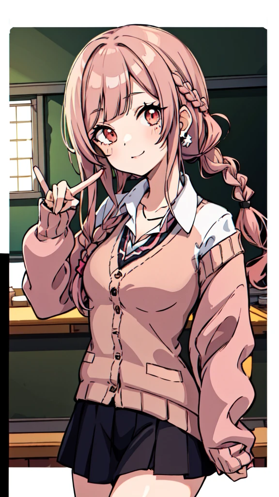 (((anime))), ((anime)), (Gal), Medium Hair, (Braid:1.3), (Blunt bangs:1.2),Two-tone hair, Blonde, (Pink Hair), Round face, Red eyes, (Droopy eyes), (((puppet))),Pink Lip,Earrings,necklace,[Dark Skin], A light smile, ((((cute)))), beautiful, 1 Girl, alone, (cardigan:1.4), [Cleavage cutout],peace sign,beautiful background,(classroom:1.5),evening,sunlight,Backlight,masterpiece,Highest quality,Exquisite,8K,Absurd,Ultra-fine illustrations,(View your viewers)