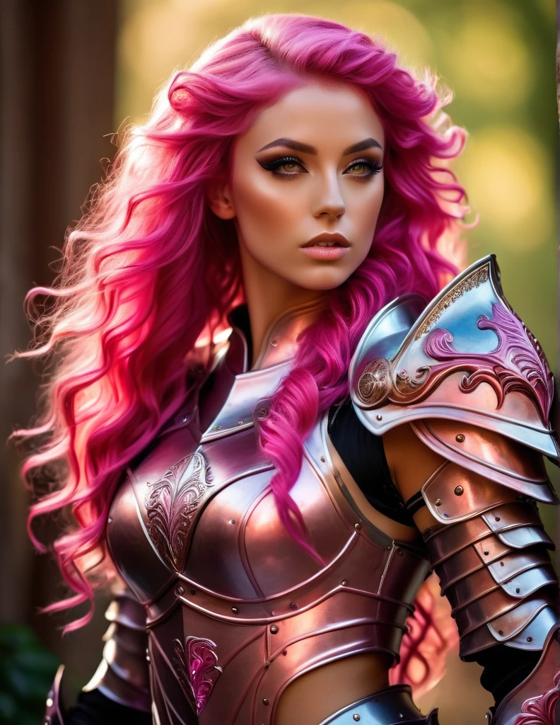 Very attractive 25 year old caucasian female with long wavy bright pink hair, is a beautiful, ethereal knight, cheveux blanc neige, in the style of Boris Vallejo, highly detailed sexy filigree armor, very detailed face, highly detailed skin, corps fort, Muscle definition, (Des proportions parfaites), Heavy metal aesthetics, fond de haute fantaisie, High quality, masterpiece, Realistic photo, Complex and detailed, 8k, hdr, faible profondeur de champ, Wide light, high contrast, backlight, Sharpness, Photo couleur brute, en regardant la caméra, couleurs fraîches, Diverses poses