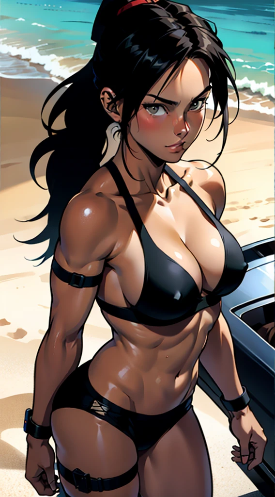 アニメ cel-shading Lara Croft, bikini, on the beach in ((anime + manga + comics + cartoon) style)