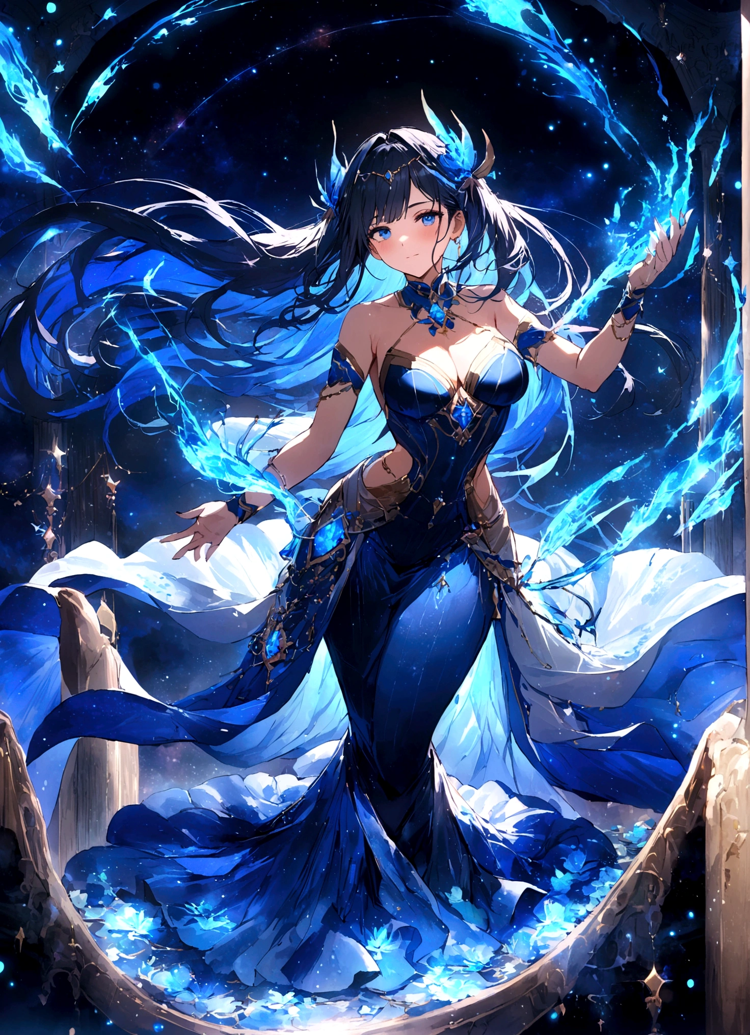 A masterpiece of excellent quality，Beautiful woman in exquisite clothing, Majestic goddess，Mermaid，(Big blue fish)，Greek goddess，Pisces，Stars，Surrounded by floating rings，(Blue Energy), Galaxy Elements，celestial ambiance, Dark blue hair, mystery