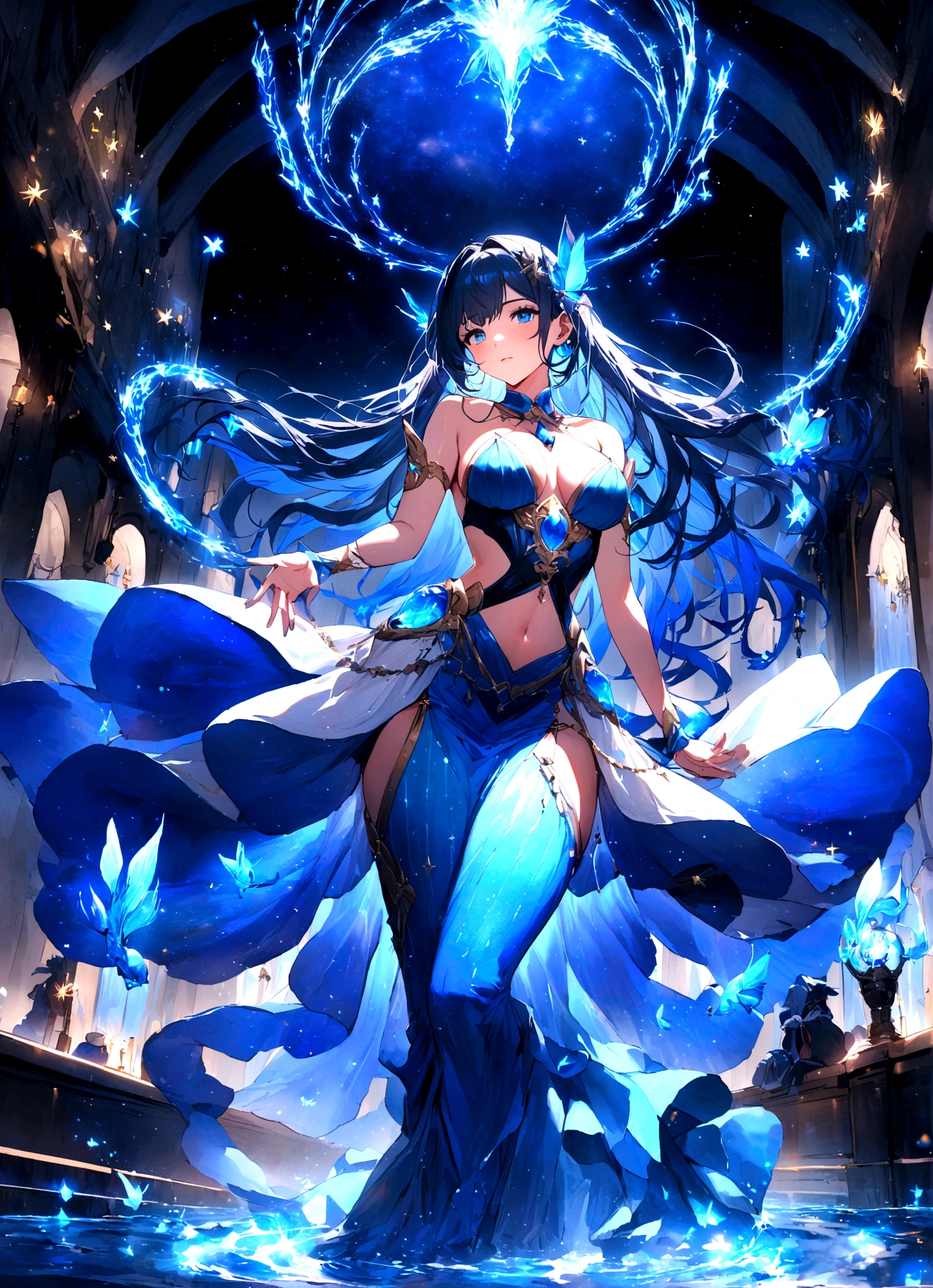 A masterpiece of excellent quality,Beautiful woman in exquisite clothing, Majestic goddess,Mermaid,(Big blue fish),Greek goddess,Pisces,Stars,Surrounded by floating rings,(Blue Energy), Galaxy Elements,celestial ambiance, Dark blue hair, mystery