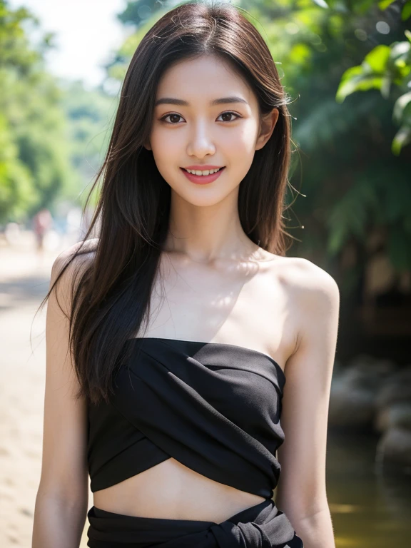 Best quality, masterpiece, ultra high res, (photorealistic:1.2).MEJI :she is a  beautiful slave in old period of Thailand,.detailed skin,more slender and thin body,,round baby face,more realistic skin,small breasts,deep chest,(small hip),HI.. my name is MEJI ,I am a slim and skinny17 year old girl with long hair,,((what a slim and fragile girl she is !!!)),slenderness,thin and slender body,cheerful smile, teeth ,mouth open, wearing ( black  sarong) ,slave strapless top,portrait,daytime, outdoor ,ancient riverside community 