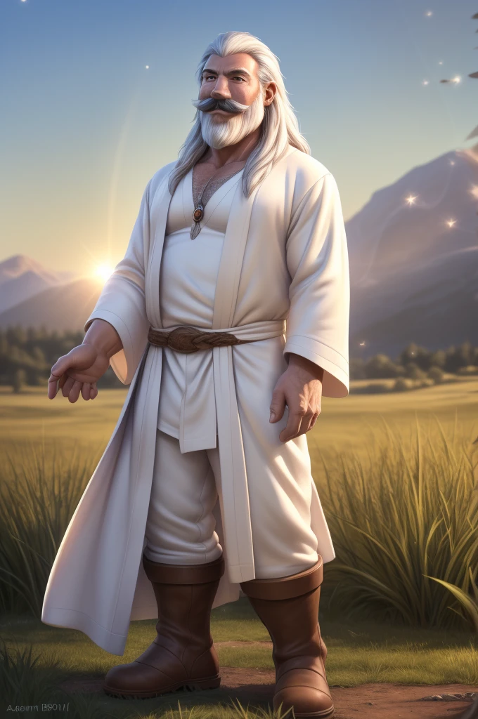 Gandalf, (pose:Full Body Shot), (posing:Full Body Shot), (soft shading), (((4k, hi res, Ray tracing))), (((five fingers, detailed hands))), ((detailed face, (detailed eyes:1.0), detailed)), by zackarry911, by zaush, (by personalami:0.5), looking at viewer, (((happy,flirting eyes))), (((old and wise))), (((Highly detailed hair))), standing,(((standing))),((( Mustache,beard))) ,male focus, white hair, (((handsome))), nature, // ((human)),(((white Robe,white shirt, brown longpant, brown boot))),((Human, looking at viewer)),((grassy field background, lens blur, lens flare)),