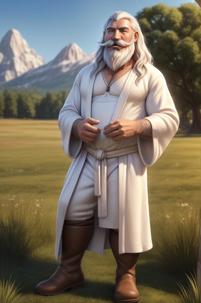 Gandalf, (pose:Full Body Shot), (posing:Full Body Shot), (soft shading), (((4k, hi res, Ray tracing))), (((five fingers, detailed hands))), ((detailed face, (detailed eyes:1.0), detailed)), by zackarry911, by zaush, (by personalami:0.5), looking at viewer, (((happy,flirting eyes))), (((old and wise))), (((Highly detailed hair))), standing,(((standing))),((( Mustache,beard))) ,male focus, white hair, (((handsome))), nature, // ((human)),(((white Robe,white shirt, brown longpant, brown boot))),((Human, looking at viewer)),((grassy field background, lens blur, lens flare)),
