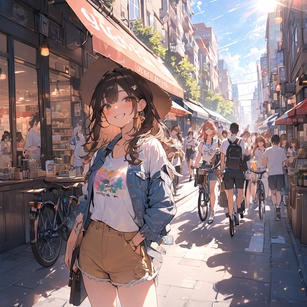 (masterpiece:1.5), highest quality, Super detailed, very detailed, exquisite, 16k, Full HD, very aesthetic, absurdres, anime style, 1girl, high school girl, beautiful, female, super sexy girl, 18 years old, shoulder-length brown hair, brown hair, joyful smile, trendy casual fashion, denim jacket, white T-shirt, shorts, sneakers, taking, busy street with cafes and boutiques, sunny afternoon, bright sunlight on girl's face, soft shadows, people and bicycles in the background, blue sky and tall buildings in the distance, sharp focus on subject, vivid colors, cheerful and lively atmosphere, warm sunlight feel