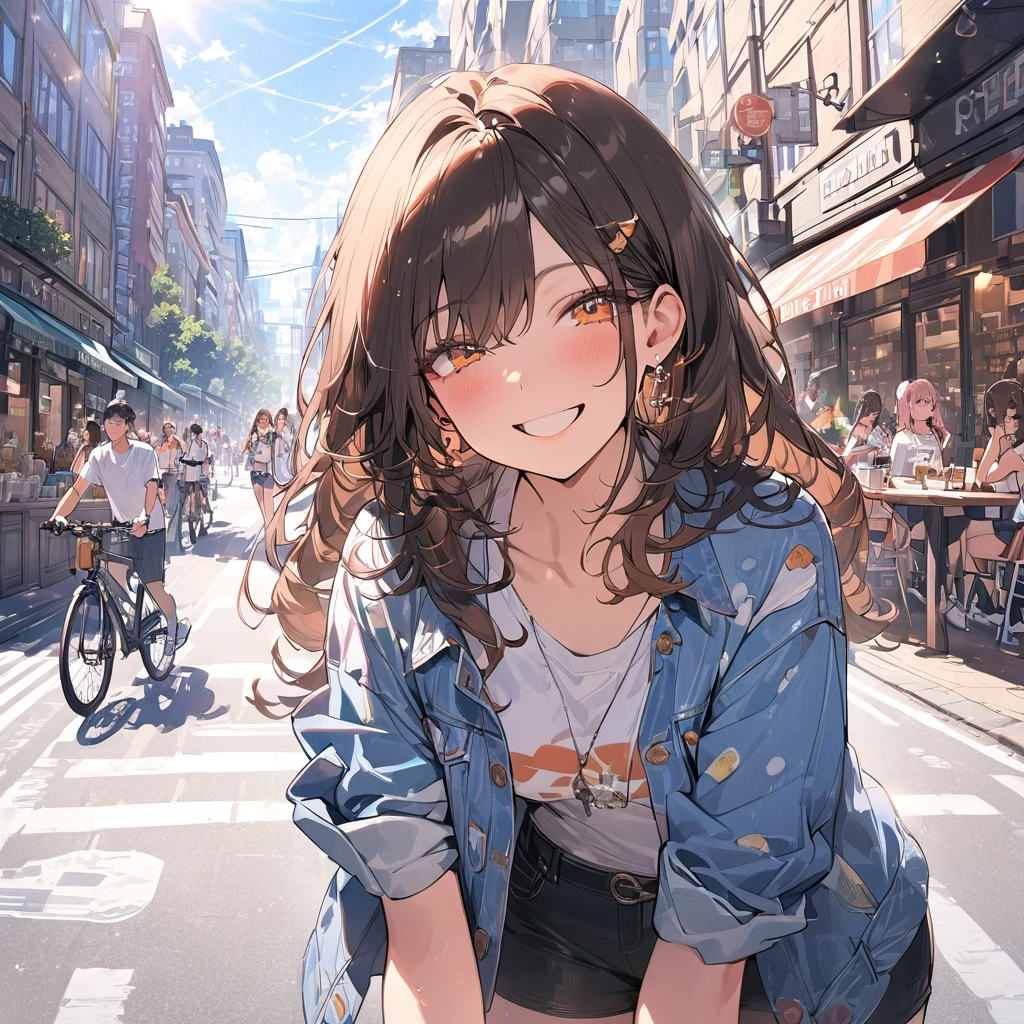 (masterpiece:1.5), highest quality, Super detailed, very detailed, exquisite, 16k, Full HD, very aesthetic, absurdres, anime style, 1girl, high school girl, beautiful, female, super sexy girl, 18 years old, shoulder-length brown hair, brown hair, joyful smile, trendy casual fashion, denim jacket, white T-shirt, shorts, sneakers, taking, busy street with cafes and boutiques, sunny afternoon, bright sunlight on girl's face, soft shadows, people and bicycles in the background, blue sky and tall buildings in the distance, sharp focus on subject, vivid colors, cheerful and lively atmosphere, warm sunlight feel