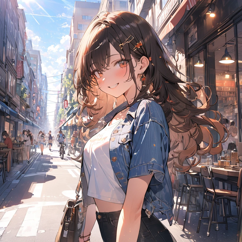 (masterpiece:1.5), highest quality, Super detailed, very detailed, exquisite, 16k, Full HD, very aesthetic, absurdres, anime style, 1girl, high school girl, beautiful, female, super sexy girl, 18 years old, shoulder-length brown hair, brown hair, joyful smile, trendy casual fashion, denim jacket, white T-shirt, shorts, sneakers, taking, busy street with cafes and boutiques, sunny afternoon, bright sunlight on girl's face, soft shadows, people and bicycles in the background, blue sky and tall buildings in the distance, sharp focus on subject, vivid colors, cheerful and lively atmosphere, warm sunlight feel