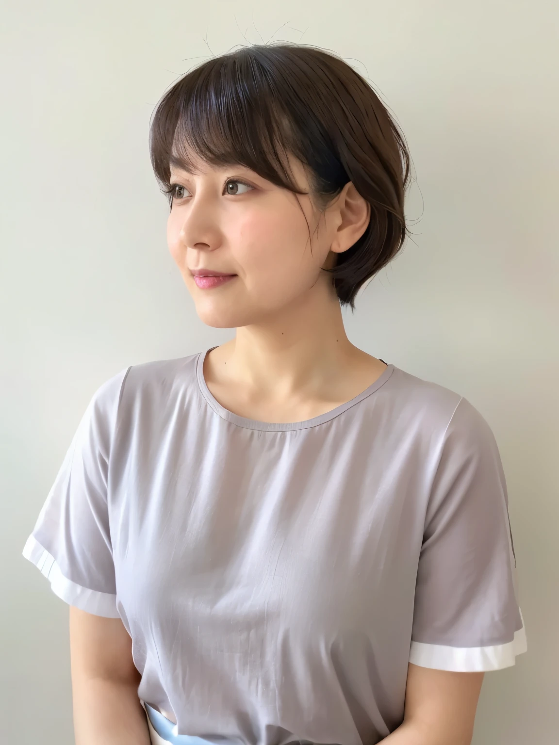 Short sleeve shirt、４０A chubby Japanese woman in her thirties、(White wall in the background、Gray hair)、profile、Photographed in front of a white wall、Layered Cut、Very delicate hair、(In a room with white walls and windows)、((Highest quality、8K、masterpiece:1.3))、Ultra-high resolution、(photoGenuineistic:1.4)、RAW Photos、Japanese,(detailed aspects)、Genuine、Photographed in natural light、Highly detailed face and skin texture、Highly detailed lips、The correct state of the human body、Shortcuts、Short Hair、Various poses、Natural color lip