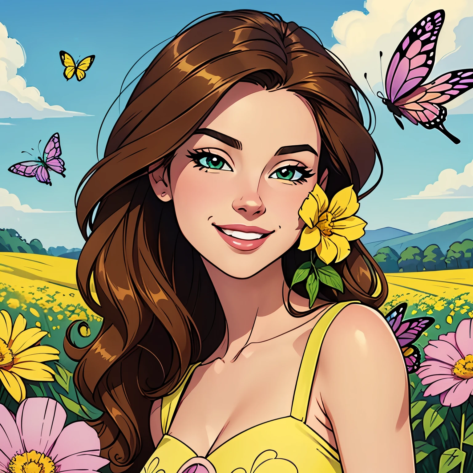 The aesthetics of digital art, with precise lines and a smooth gradient (a brunette with long hair, a playful smile), intricate details, vivid colors, semi-realistic but idealized pastel colors, with yellow flowers in a field, whimsical and srene with butterflies fluttering around the person, add a whimsical touch.