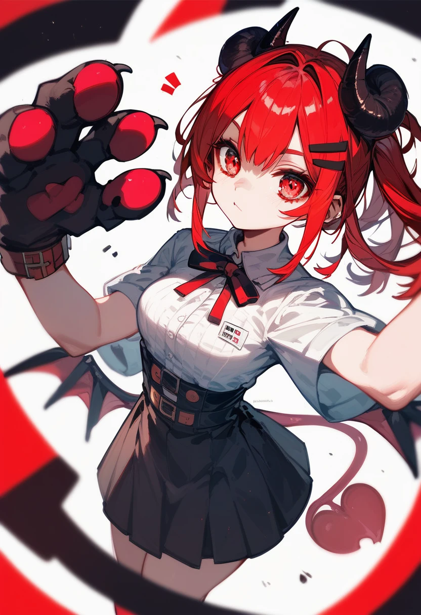 (Fraction_9,Fraction_8_direction number_7_up),1 girl,Devil Girl,Red hair,Red eyes,wing,paw,Black skirt,fair_Face,