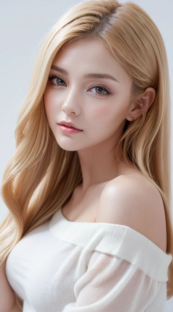 (((((White BlondeのLong Hair、Long Hair、超Long Hair、Off-the-shoulder blouse、hot pants、Fluffy Wave、White Blonde、Gal、beauty、Well-groomed face、Nordic、beautiful girl、White background、Russia、Northern Europe))))), Highest quality, shape, Very detailed, finely, High resolution, 8k wallpaper, 完璧なダイナミックな構shape, finelyて美しい目,  Natural Lip , Big Breasts, Random sexy poses,