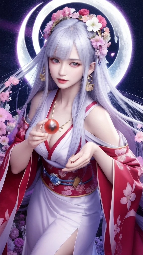 (masterpiece, top quality, 1 female, solo, exquisite details, chromatic aberration), (realistic), (skin), ((breathing)), (silver hair, blunt bangs, cropped straight long hair, short bangs, silver hair), beautiful hair, red headdress, highlights, hair on one eye, beautiful eyes, purple eyes, thick lips, earrings, piercing eyes, ((gold and white kimono)), ((symmetrical eyes)), ((perfectly symmetrical body)), ((perfectly symmetrical hands)), (purerosface_v1:0.3), full moon night, ((self, natural light))), bright lighting, flowers blooming in background, in front of viewer, ((central shot, from the front, (face and shoulders))), mysterious atmosphere, colorful flowers blooming around, bright colored background, shrine maiden in kimono, beautiful shrine maiden, Shrine maiden, fantasy female shrine maiden, female fortune telling shrine maiden, fantasy photography, Japanese style, elegant cinematic fantasy art, fantasy woman, sorceress portrait, powerful wizard surrounded by mystical colorful flowers, holding a glowing heart crystal ball, eyes glowing with mystical energy, spells leaking from her mouth, vibrant sorcery vortexes pulsating with rainbow hues appear in the air, magic permeates, flowers bloom, sacred creatures gaze in awe, threads of magical energy dance, reveal hidden realms, unravel secrets, capture the essence of this enchanting moment and bring to life the mystical power of sorcery on a canvas of the highest quality and finest detail. Top quality, masterpiece, ultra high resolution, (photorealistic: 1.4), RAW photo, sharp focus, high resolution, detailed skin.
Flowers blooming all around, bright colored background, fortune teller in kimono, beautiful fortune teller, fortune teller, fantasy female fortune teller, female fortune teller, fantasy photography, Japanese style, fortune teller in kimono, elegant cinematic fantasy art, fantasy woman, magician portrait, fortune teller, powerful wizard surrounded by mystical colorful flowers, holding a glowing heart c